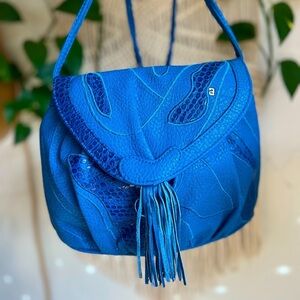80s Vintage NAS Bag Blue Patchwork Leather Crossbody Fringe Boho Festival Retro